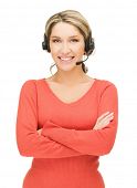image of helpline  - bright picture of friendly female helpline operator - JPG 