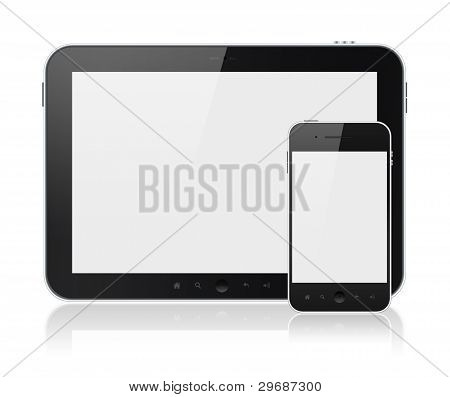 Picture or Photo of Modern digital tablet PC with mobile smartphone like apple ipad and iphone, isolated on white. Include clipping path for tablet and phone.