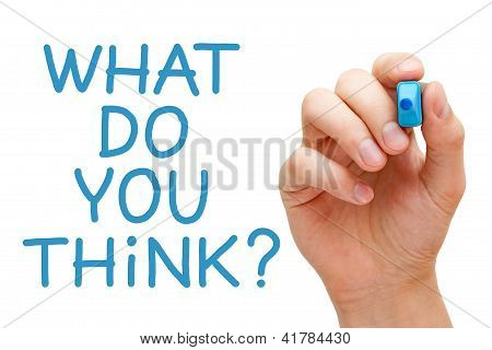 Picture or Photo of Hand writing What Do You Think with blue marker on transparent wipe board.