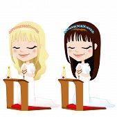 stock photo of religion  - Cute blonde and brunette girls kneeling down praying on first communion ceremony - JPG 