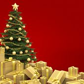 stock photo of many  - Golden decorated Christmas tree with many presents isolated against a red background - JPG 