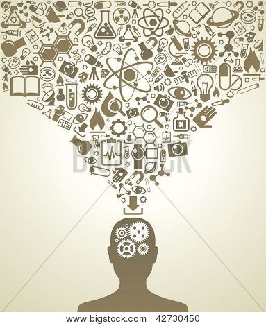 Picture or Photo of Human head and icons of science. The concept of scientific discoveries. The idea of learning. Modern technological solutions