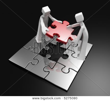 Picture or Photo of 3d mans working together to complete the last piece puzzle