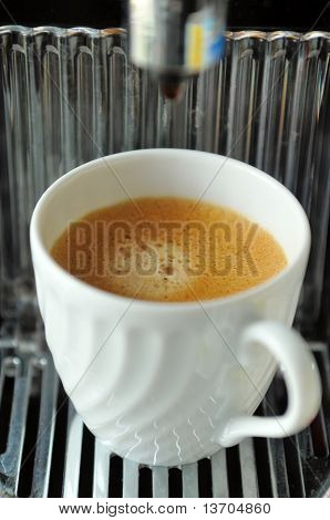 Picture or Photo of Foam in white coffee cup at espresso machine
** Note: Shallow depth of field
