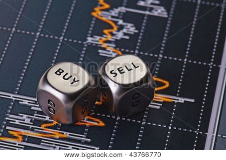Picture or Photo of Dices cubes to trader. Cubes with the words SELL BUY. Selective focus