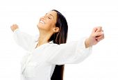 pic of peace  - Carefree woman is stress free and holds her arms out for freedom and peace of mind - JPG 