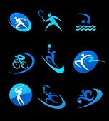 picture of sports  - Blue sport icons on black background - JPG 