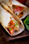 foto of food  - Mexican food. Fresh tortilla frajita wraps with chicken and vegetables
** Note: Shallow depth of field - JPG 