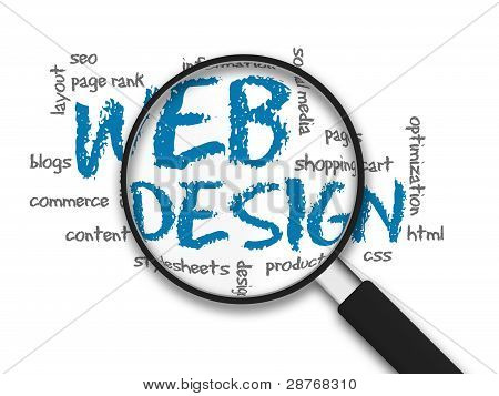 Picture or Photo of Magnifying Glass with web design words on white background