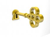 stock photo of finance  - 3D render of a golden key on keyhole - JPG 