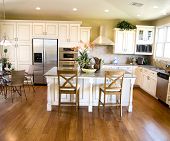 stock photo of floors  - Hard wood flooring in beautiful modern kitchen - JPG 