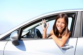 stock photo of keys  - Asian car driver woman smiling showing new car keys and car - JPG 