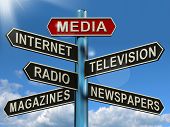 stock photo of internet  - Media Signpost Shows Internet Television Newspapers Magazines And Radio - JPG 