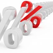 image of percentage  - Red percentage symbol in a row of many white percentage symbols - JPG 