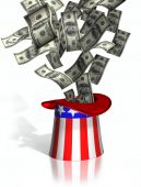image of money  - Illustration of money falling into Uncle Sam top hat - JPG 