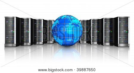 Picture or Photo of Networking web cloud computing and telecommunication service internet concept: row of black network servers with blue glossy Earth globe world map isolated on white background with reflection effect

Design of servers is my own and all text is abstract