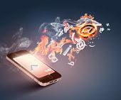 stock photo of globe  - Modern communication technology illustration with messages and devices - JPG 