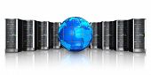 stock photo of globe  - Networking web cloud computing and telecommunication service internet concept: row of black network servers with blue glossy Earth globe world map isolated on white background with reflection effect

Design of servers is my own and all text is abstract - JPG 