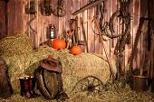 stock photo of horse  - Interior of old barn full of vintage tools and horse plow equipment - JPG 
