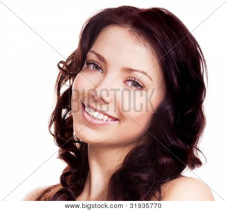 Picture or Photo of Portrait of a young beautiful brunette woman, isolated on white background