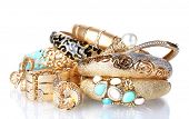 pic of objects  - Beautiful golden bracelets and rings isolated on white - JPG 