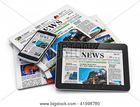 Picture or Photo of Electronic internet web and paper media concept: tablet PC computer modern black glossy touchscreen smartphone and heap of business office newspapers with financial news isolated on white background