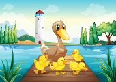 stock photo of bridge  - Illustration of a mother duck with four baby ducks in the wooden bridge - JPG 