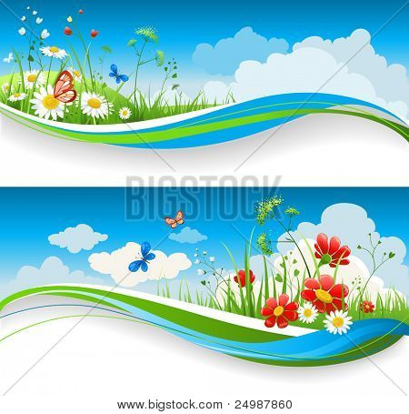 Picture or Photo of Two  summer natural banners with flowes and blue sky