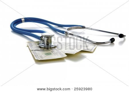 Picture or Photo of Stethoscope on american money, represents concepts of  "Financial Check Up", High Cost of "health care", High Cost of "Health Insurance" and more