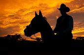foto of horse  - Silhouette of a horse and a rider against dramatic evening storm clouds - JPG 