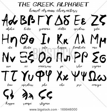 hand drawn greek alphabet written grunge font with black symbols of greek letters font