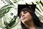picture of money  - A closeup of a female graduate in her cap and gown in front of a money background - JPG 
