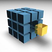 stock photo of puzzel  - Golden block coming out of many blue blacks - JPG 